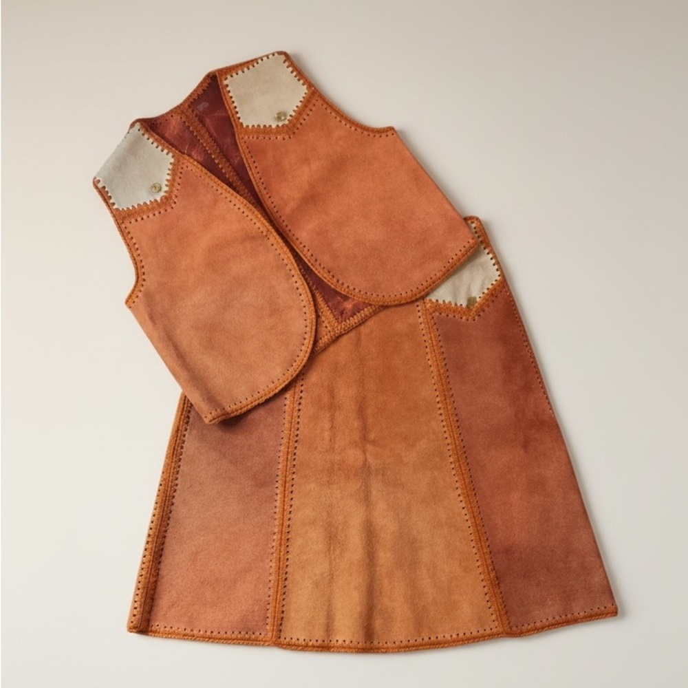 Hand Crafted Rust and Cream Kids Two-Piece Suede Suede Leather Skirt Vest Set